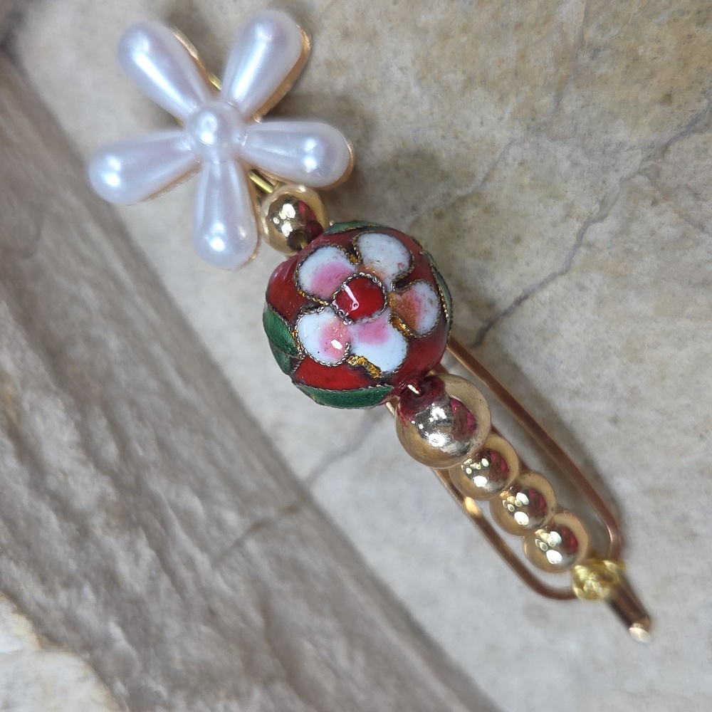 Handmade Cloisonne Roses Beads Hair Pin Clip Pearls